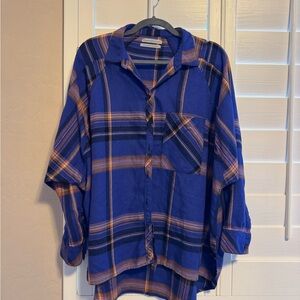 UO Blue and Orange Plaid Button-Up Shirt